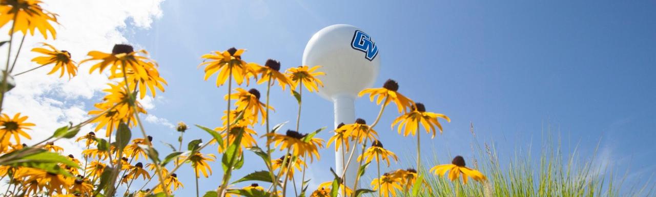 GV tower surrounded by spring flowers